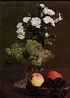 Chrysanthemums Canvas Paintings - Still Life Chrysanthemums and Grapes